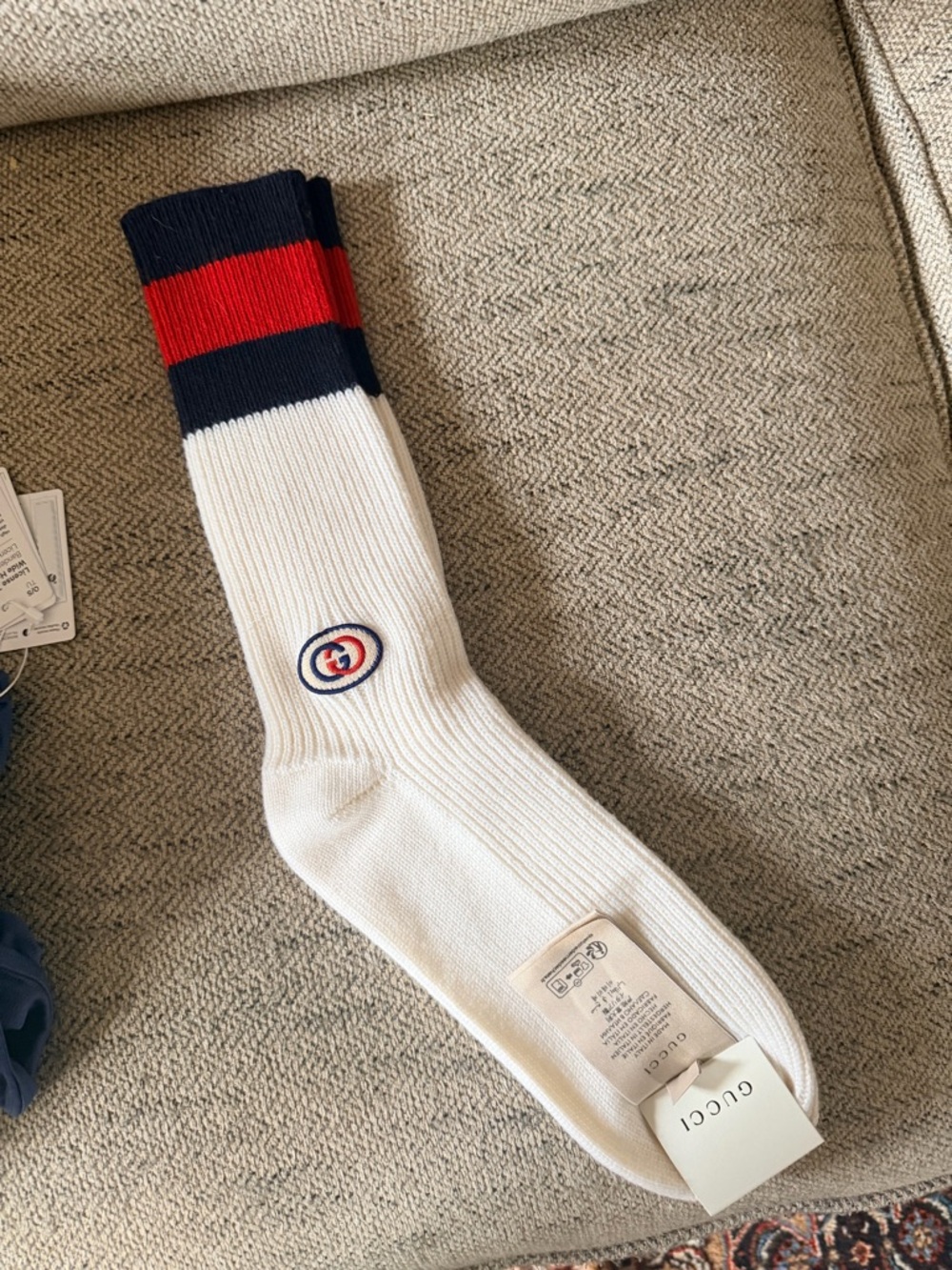 Gucci White Ribbed Crew Sock with Navy & Red Stripes
